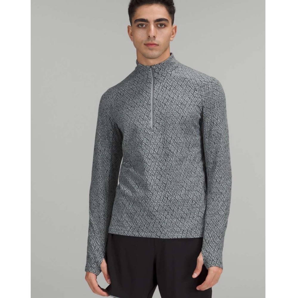 Lululemon Men's M Surge Warm Grey Geometric Grid Quarter Zip Pullover Sweatshirt
